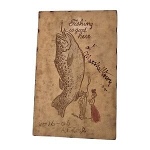 1906 Leather Postcard Fishing Is Good Here Marshalltown IA Hand-Drawn mailed